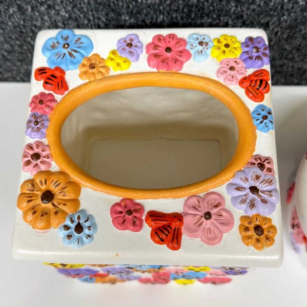 Vintage 1978 Arnel's Ceramic Floral Tissue Box Cover & Trinket Jar Set 70s Decor